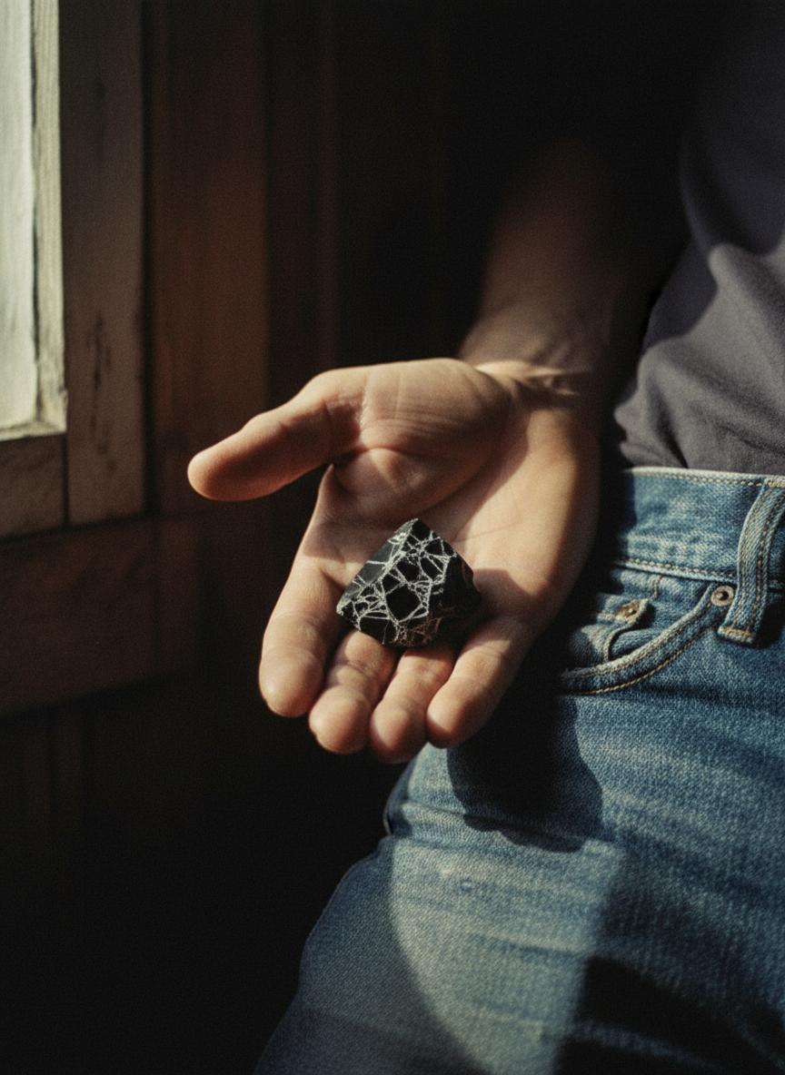 She reached into her pocket and pulled out a small black stone, dirty and jagged, covered in veins of gray and white like cracked glass.