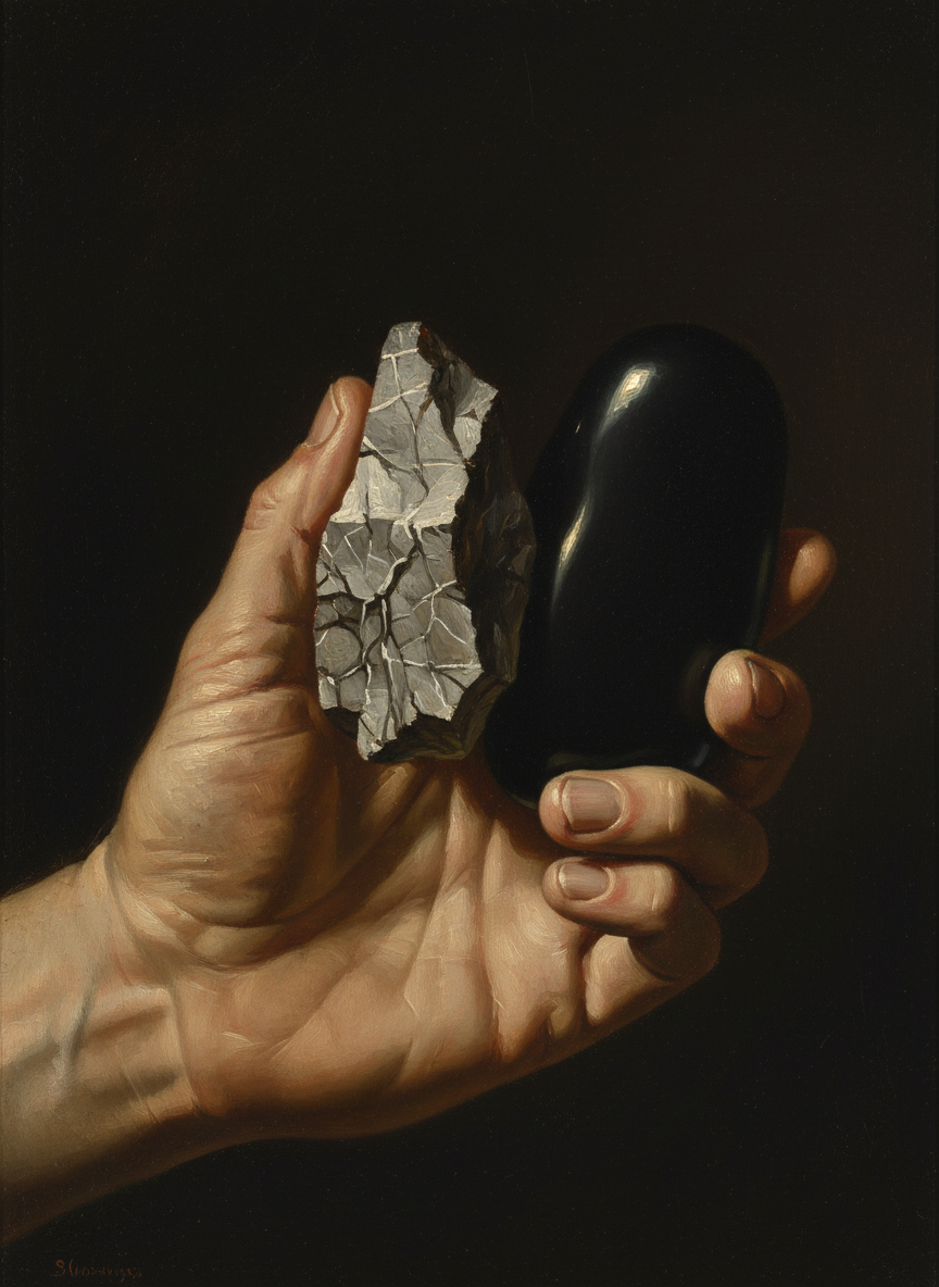From her other pocket she withdrew a second stone, which was inky black and so smooth it felt soft.