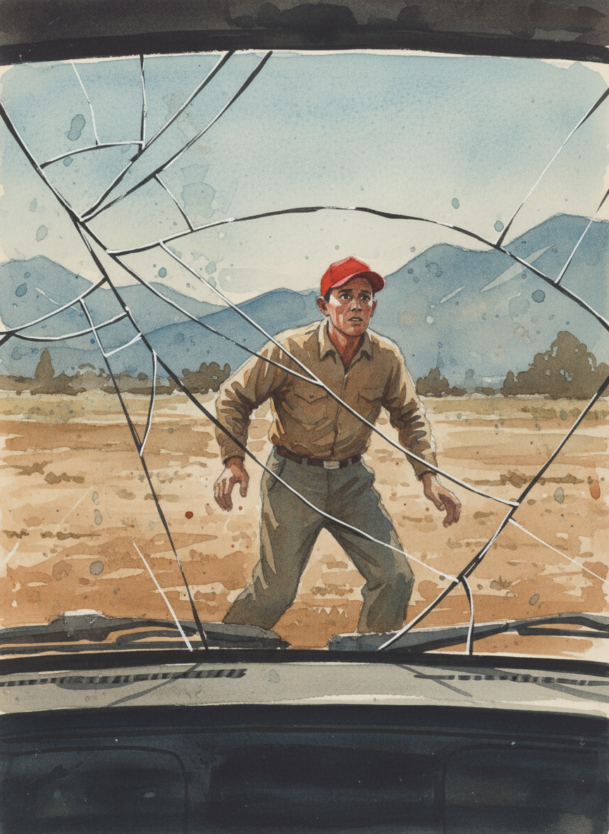 I remember peering at him through my shattered window as he circled the car, his red cap pushed back so the brim reached upward, licking the air.