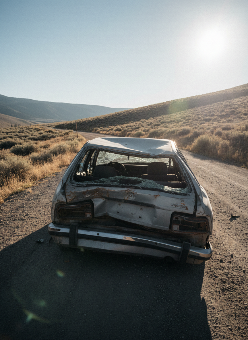 The front half of the car had been compressed, the engine arched, curving back over itself, like a fold in solid rock.