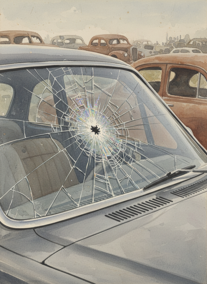 I’d seen hundreds of shattered windshields in the junkyard, each one unique, with its particular spray of gossamer extruding from the point of impact, a chronicle of the collision.