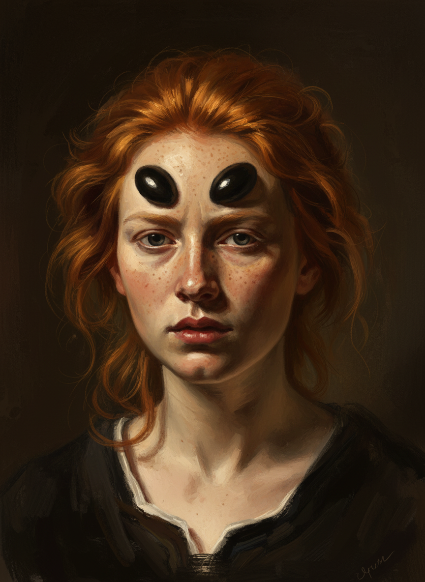 She looked as if she had two objects strapped to her forehead, large as apples, black as olives.