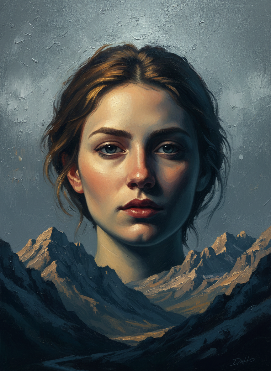 The mountain thawed and the Princess appeared on its face, her head brushing the sky.