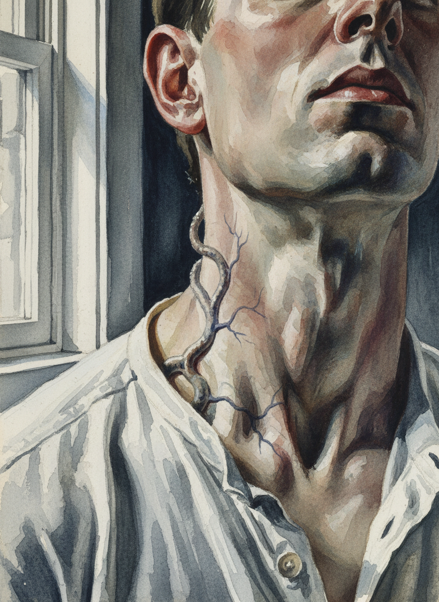 A vein in his neck bulged as he forced the words out, appearing and disappearing every few seconds, a great, struggling snake.