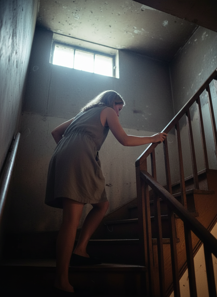 I watched her slow, careful progress down the steps, her back bent, both hands gripping the rail, as if she were blind and had to feel her way.