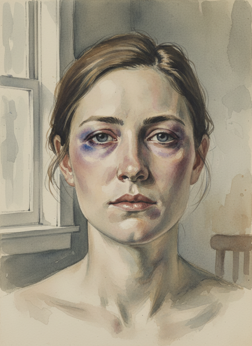 The swelling in her face was nearly gone, and she almost looked like herself again, except for the rings, which had gradually faded from black to dark purple, and were now a mix of lilac and raisin.