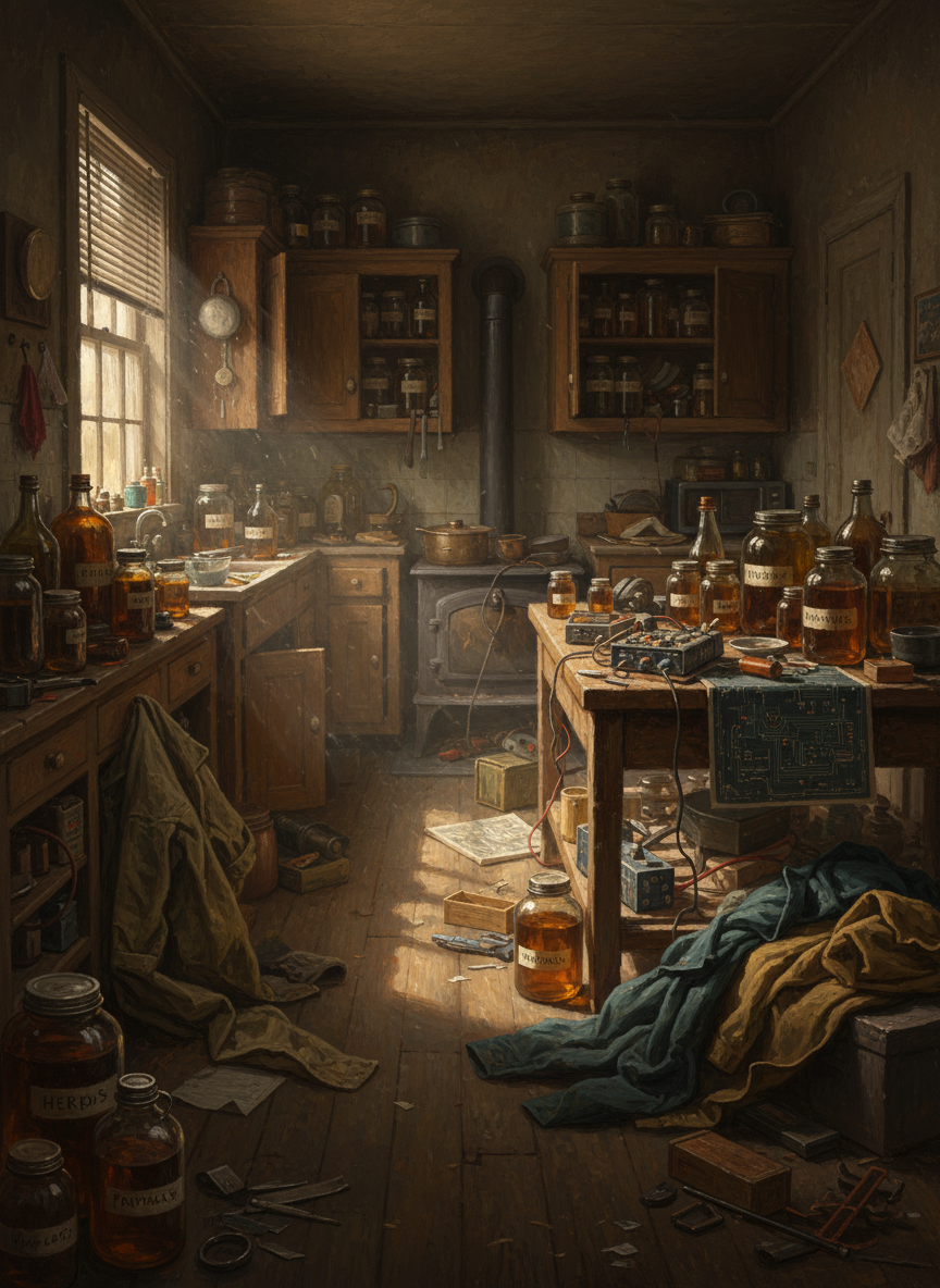 The rest of the house was pure confusion: piles of unwashed laundry, oily and black from the junkyard, littered the bedroom floors; in the kitchen, murky jars of tincture lined every table and cabinet, and these were only cleared away to make space for even messier projects, perhaps to skin a deer carcass or strip Cosmoline off a rifle.