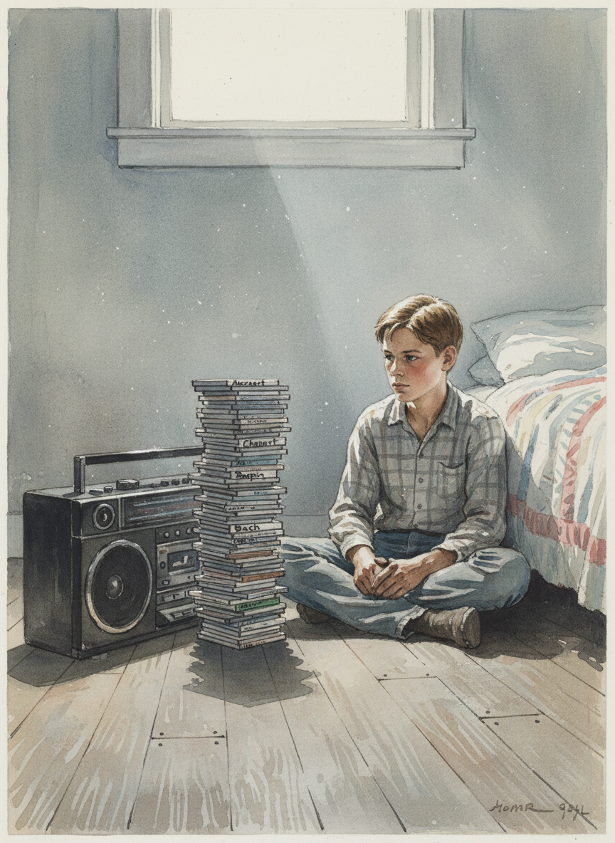 He owned the only boom box I had ever seen, and next to it he kept a tall stack of CDs with strange words on them, like “Mozart” and “Chopin.”