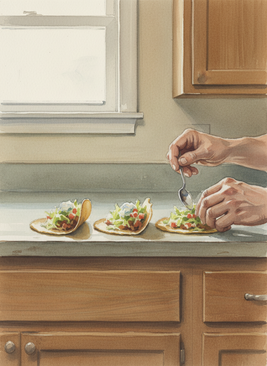 Tyler is assembling tacos from the fixings Mother has laid out: he lines up the shells on his plate, three in a perfect row, then adds the hamburger, lettuce and tomatoes carefully, measuring the amounts, perfectly distributing the sour cream.