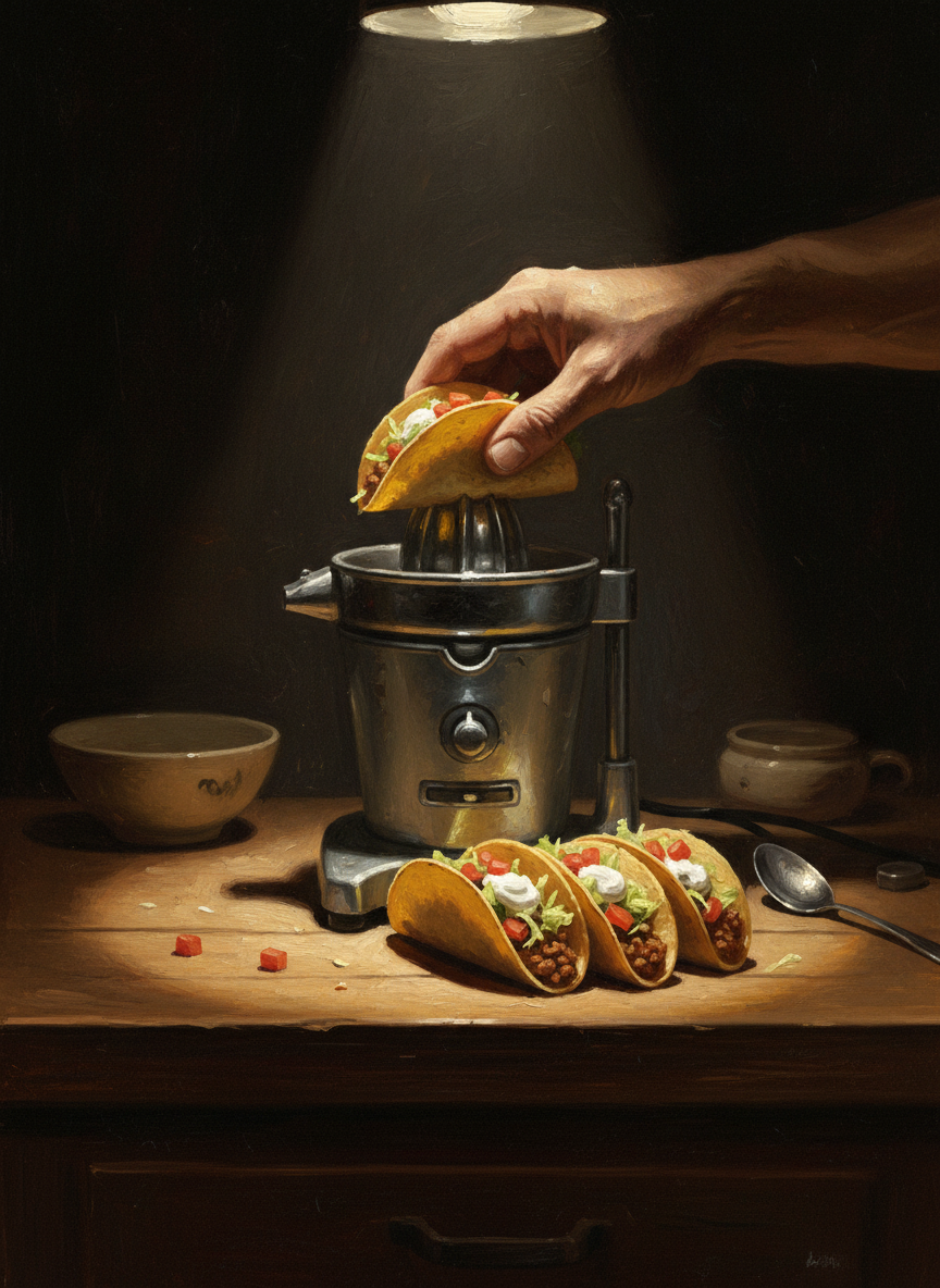 Then, just as Dad reaches the end of his lecture and takes a breath to begin again, Tyler slides all three of the flawless tacos into Mother’s juicer, the one she uses to make tinctures, and turns it on.