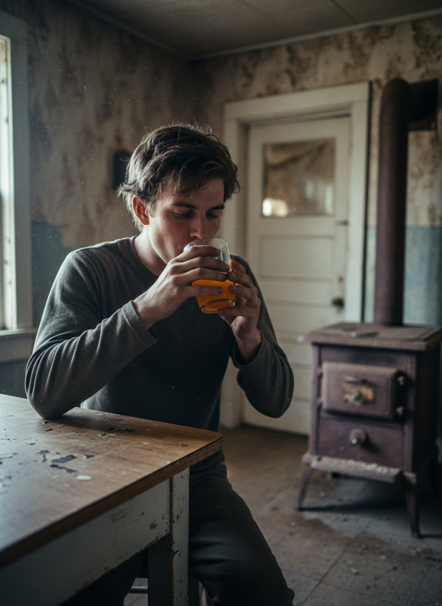 Tyler pours the orange liquid into a glass and begins to drink, carefully, delicately, because his front teeth are still loose, still trying to jump out of his mouth.