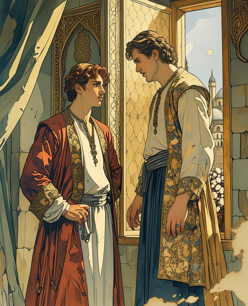 His illustrator son had entered through the window, as in the painting, and without even looking twice at his father’s bulging eyes, swiftly drove his dagger—as large as the one in the painting—into his father’s chest.