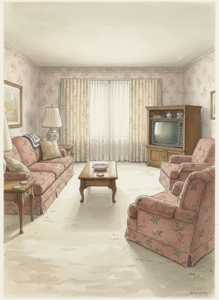 The decor was not expensive but it was well cared for—creamy white carpet on the floors, soft floral paper on the walls, thick, pleated curtains in the windows.
