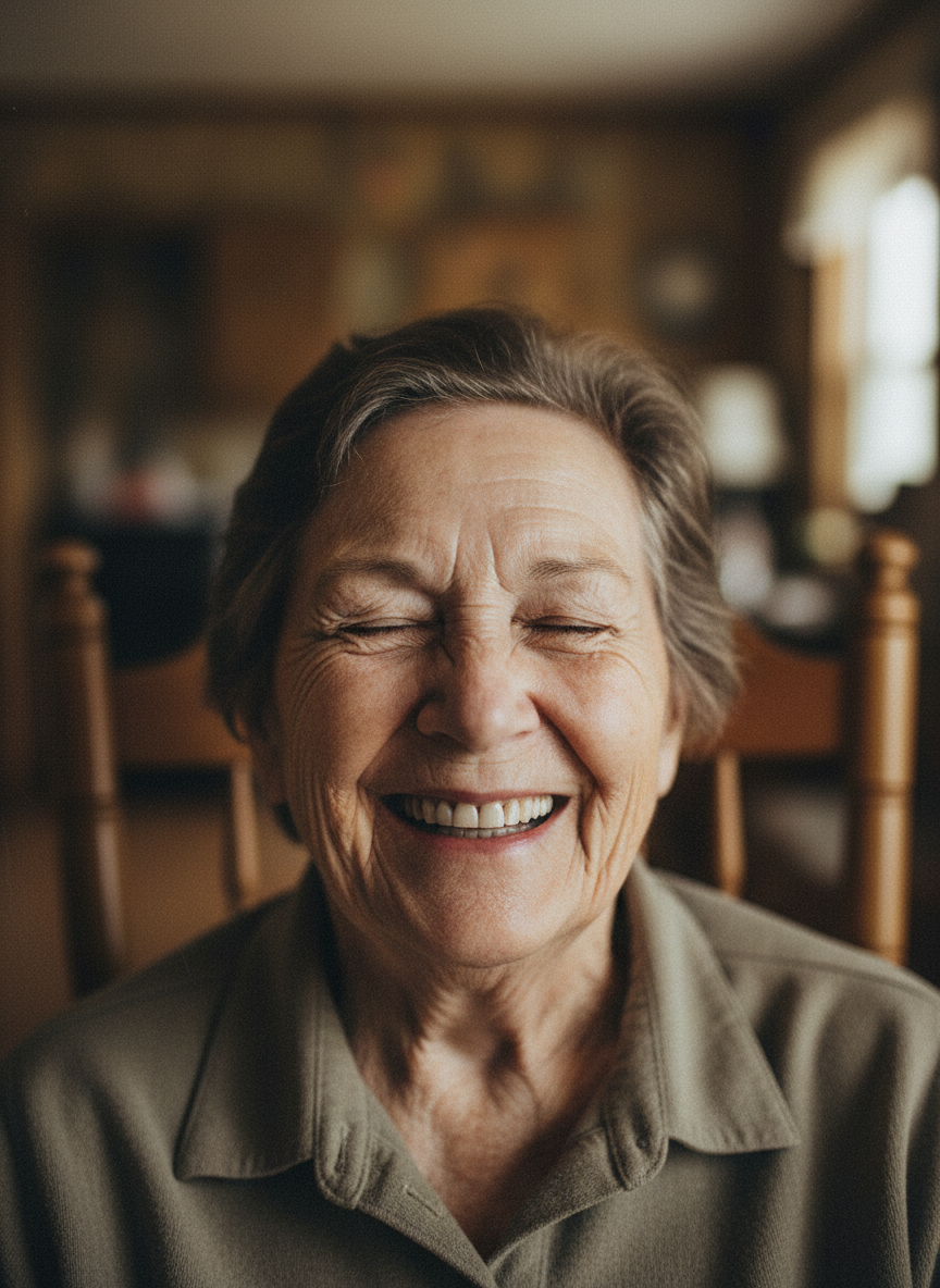 Her eyes squinted to accommodate her smile.