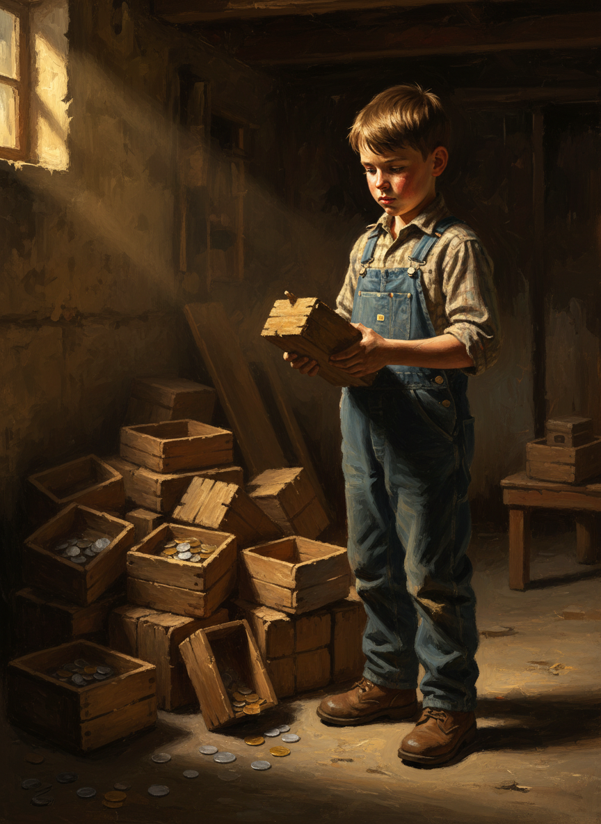The metal was in the form of coins, packed in small, heavy boxes, which he carried through the house and piled in the basement.