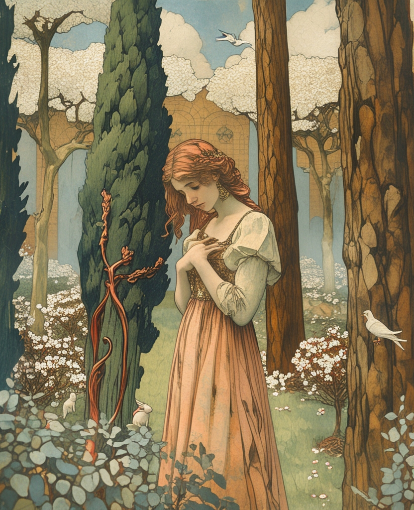In a garden reminiscent of Heaven itself, a young and beautiful maiden stood amid cypress and cedar trees, among timid rabbits and anxious swallows, immersed in lovelorn grief, staring at the ground.