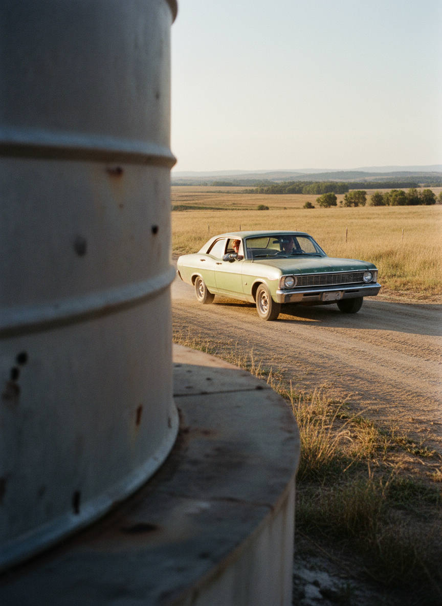 He was in the driver’s seat by the time I’d climbed down, and the car was rumbling down the dirt road when I leapt out from behind an iron tank.