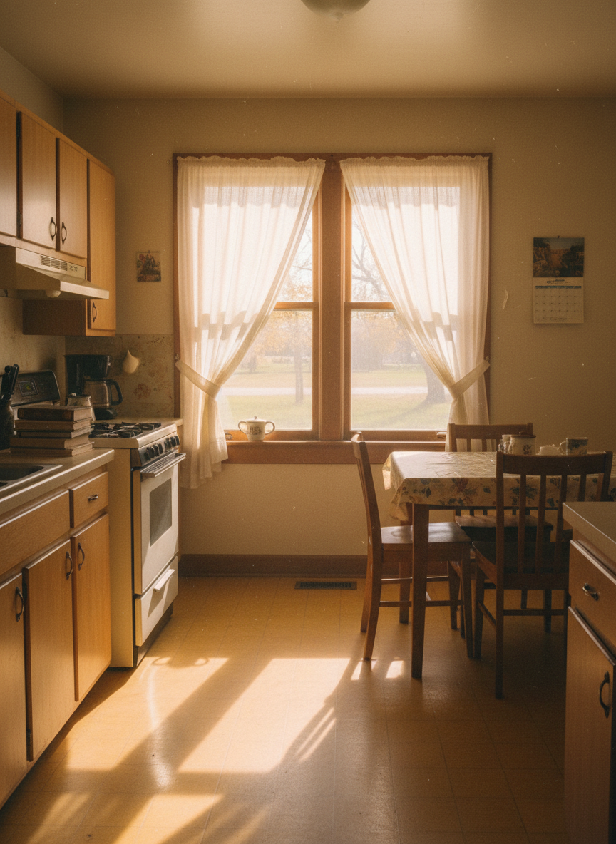The autumn sun poured in through gossamer curtains and onto marigold tiles, giving the whole room an amber glow.