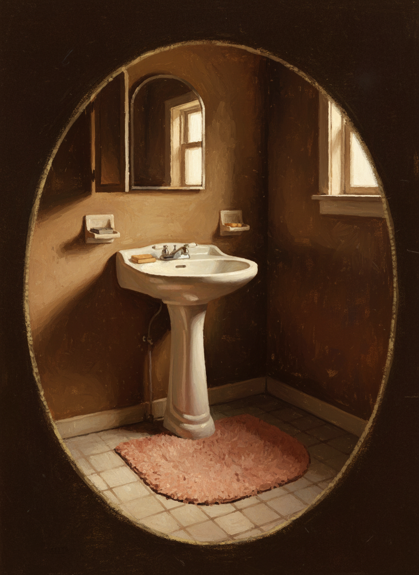 I took in the pearly sink, the rosy tint of the carpet, the peach-colored rug.