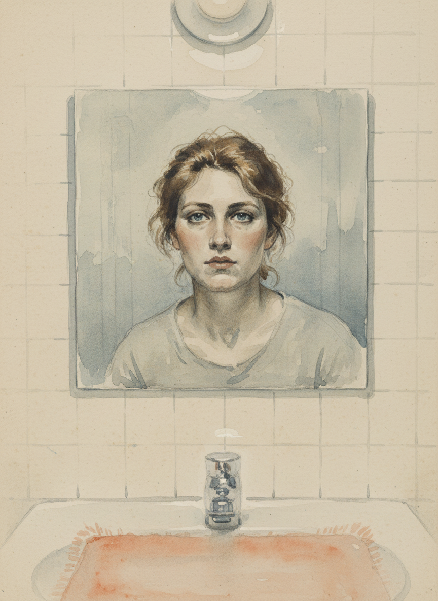 I took in my own reflection, framed by creamy tiles.