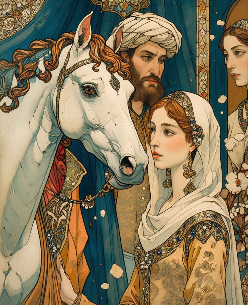 But one of the miniaturists—whether by a slip of his brush or by intent, no one knew—had depicted strangely the nostrils of the white horse belonging to the maiden with Chinese eyes and high cheekbones, and this was straightaway perceived as a flaw by the Shah and his daughter.
