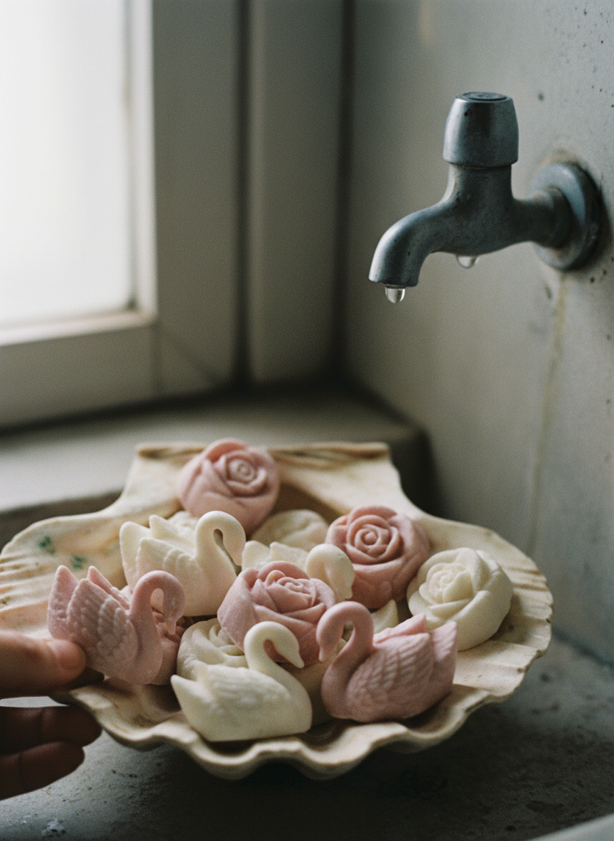Near the tap there were a dozen pink and white soaps, shaped like swans and roses, resting in an ivory-tinted shell.