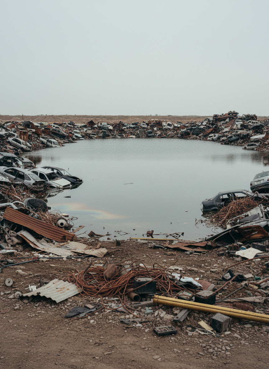 In the center of the yard there was a lake of debris, vast and deep: leaking car batteries, tangles of insulated copper wire, abandoned transmissions, rusted sheets of corrugated tin, antique faucets, smashed radiators, serrated lengths of luminous brass pipe, and on and on.