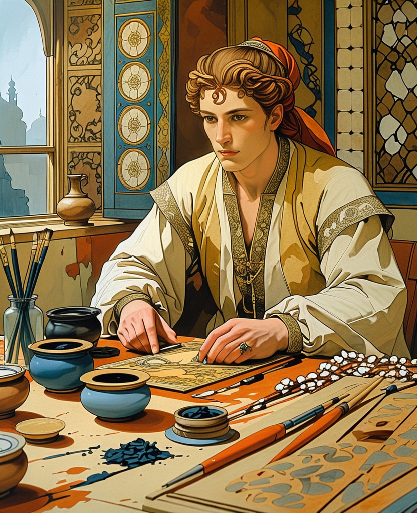 I seated him at my worktable, among the paints, inkwells, burnishing stones, brushes, pens and reed-cutting boards.