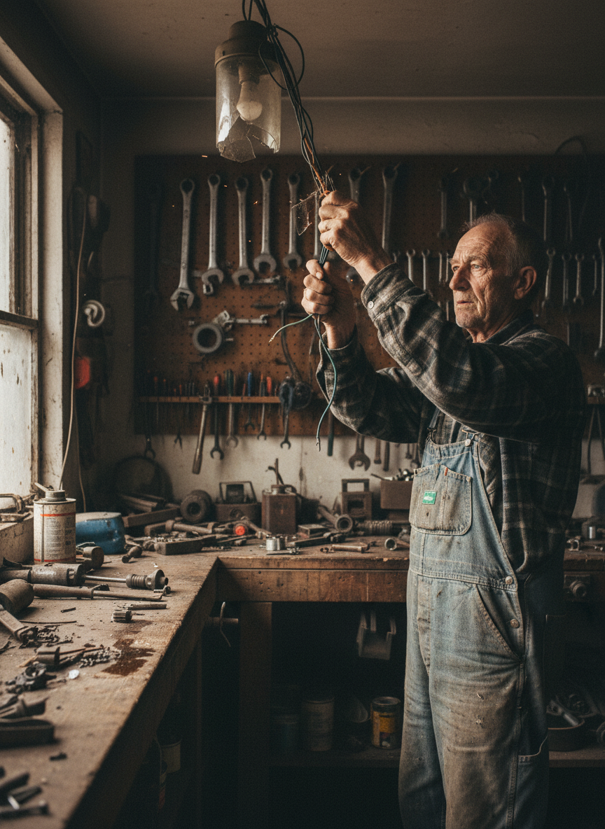 My skin was alive and tingling with the certainty of danger, yet when I looked for the source of that danger, all I could see was a tired old man, tugging on a broken light fixture.