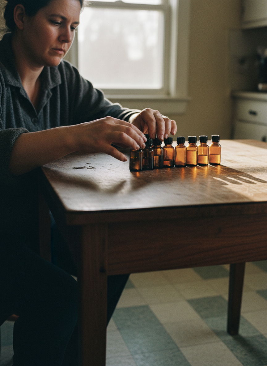 She began buying single, unmixed oils—eucalyptus and helichrysum, sandalwood and ravensara—and the house, which for years had smelled of earthy bark and bitter leaves, suddenly smelled of lavender and chamomile.