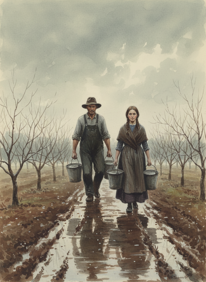 One afternoon, after he’d caught me looking at the math book, he and I spent an hour hauling buckets of water across the field to his fruit trees, which wouldn’t have been at all unusual except it was during a rainstorm.