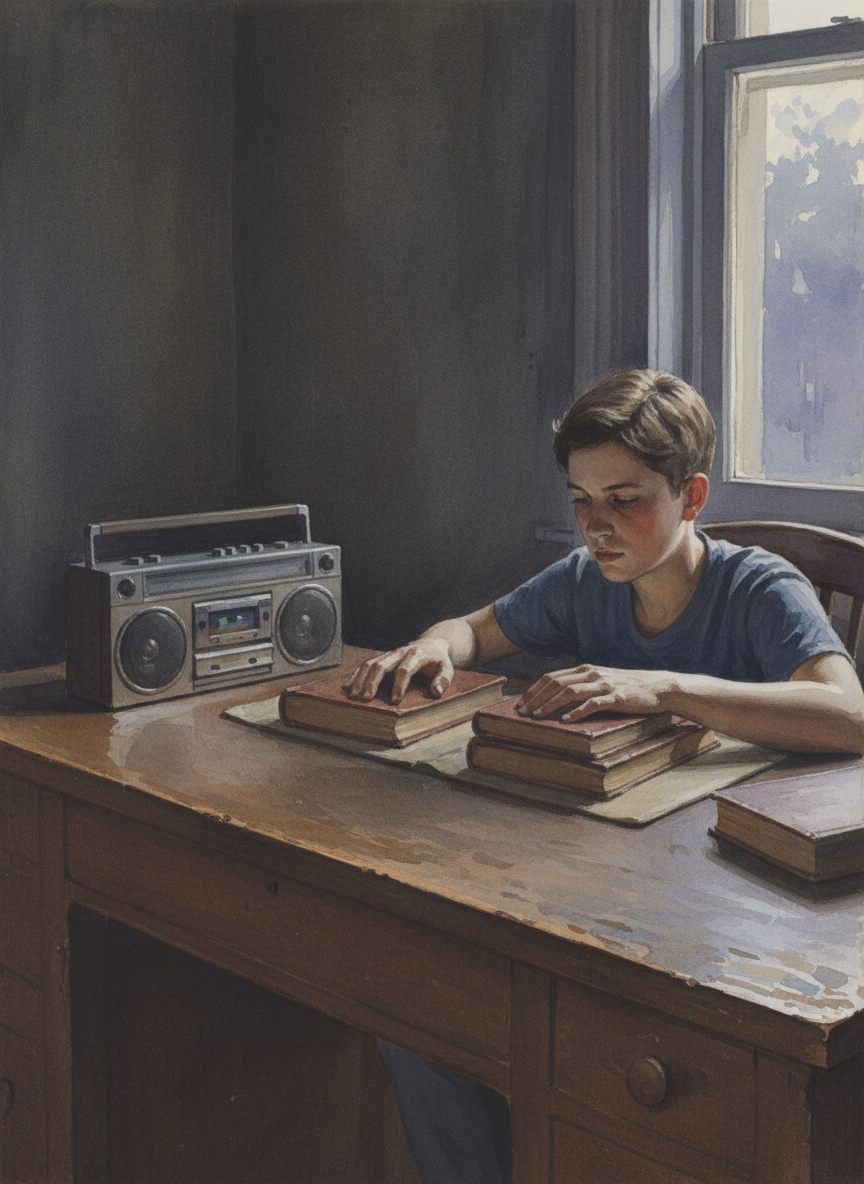 I’d dragged his desk into my room, and while the choir sang I would settle into his chair and study, just as I’d seen him do on a thousand nights.