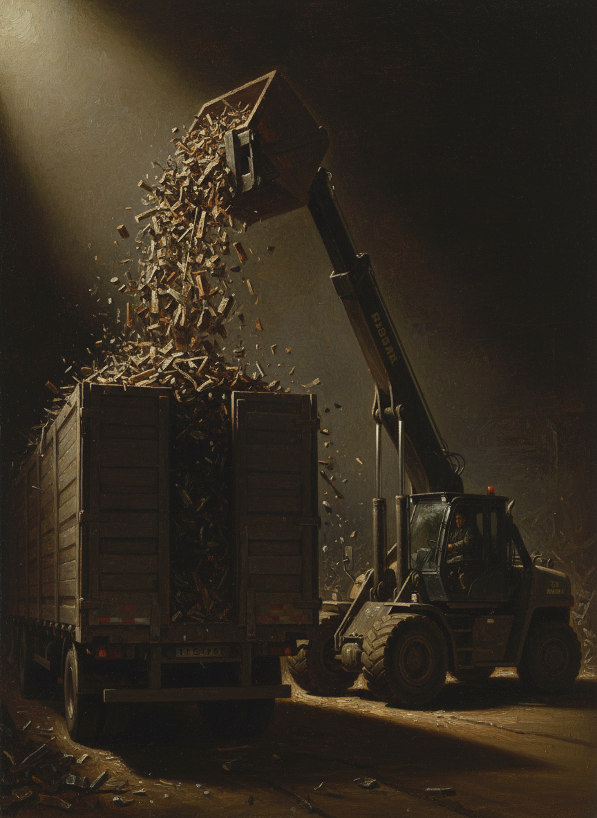 The loader would raise the bin some twenty-five feet into the air and then, with the boom extended, tilt the forks so the scrap could slide out, raining down into the trailer with a tremendous clamor.