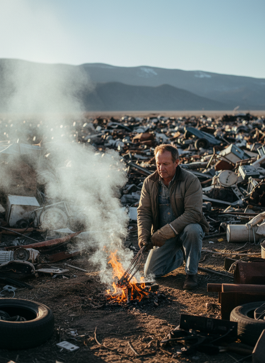 I found Dad in the field, lighting a fire to burn the insulation from a tangle of copper wires.