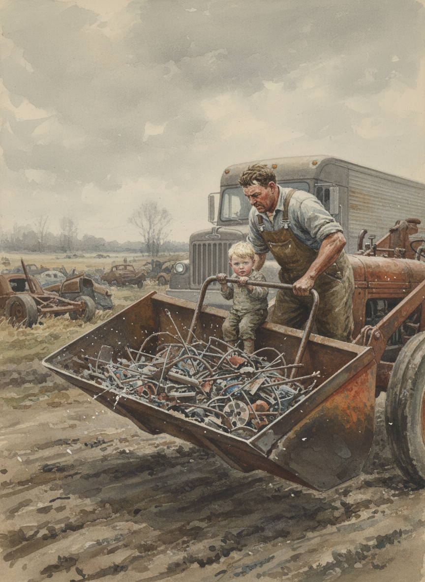 Dad jammed the forks under the bin, then lifted me and the scrap and began driving, full throttle, toward the trailer’s head.