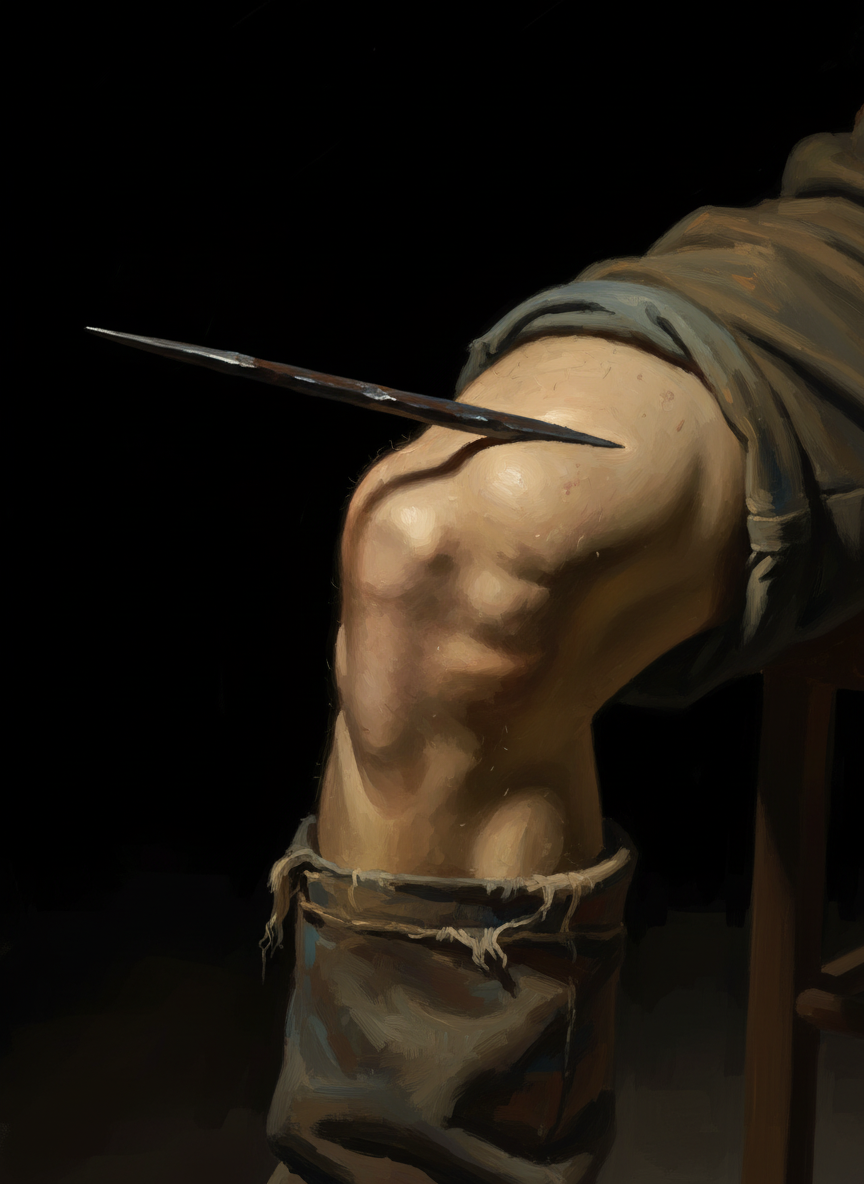 It pierced the inside of my leg, an inch below my knee, sliding into the tissue like a knife into warm butter.
