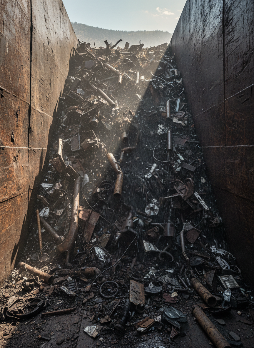 As the bin continued to pitch, the scrap at the front began to slide forward, bit by bit, a great iron glacier breaking apart.