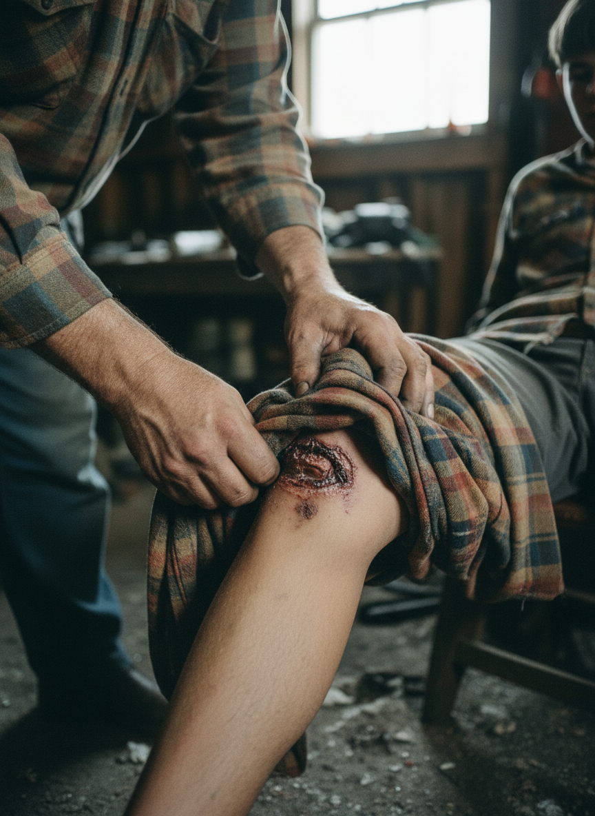 Dad slipped out of his flannel shirt and pressed it to my leg.