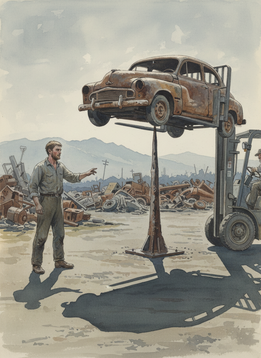 Dad would lift a car with the forklift, and Luke would guide him until the car’s tank was suspended directly over the spike.