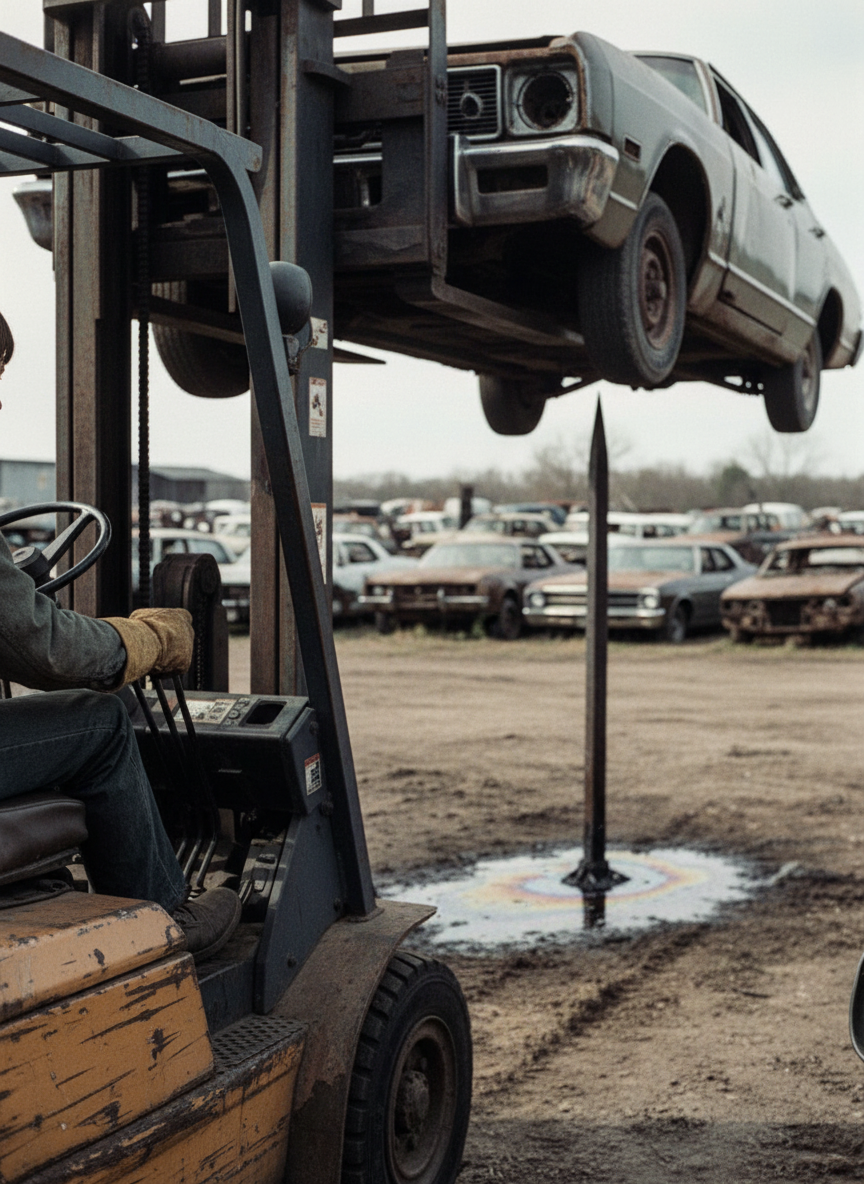 If all went well, the car would be impaled on the spike and gasoline would gush from the tank, streaming down the spike and into the flat-bottom container Dad had welded in place to collect it.