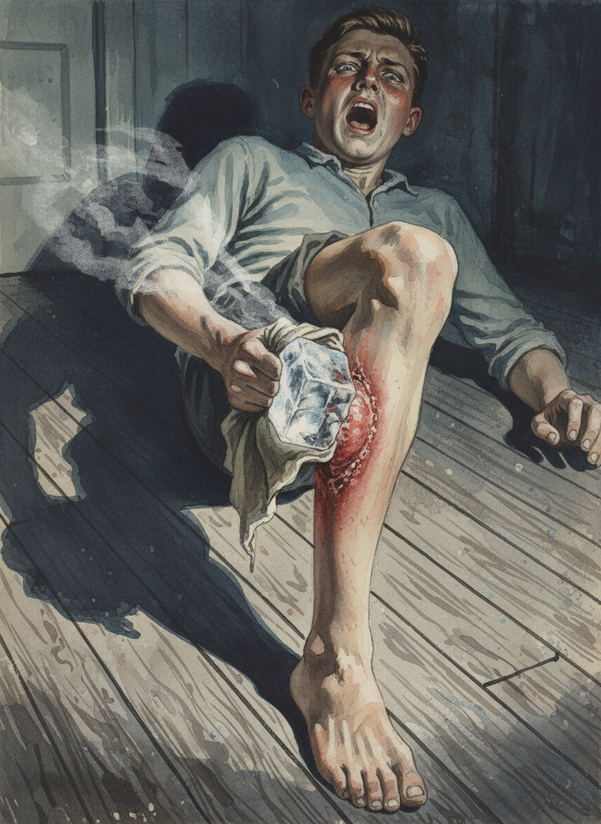 I fetched a pack of ice from the chest freezer on the patio, but when the pack touched his leg he screamed—a back-arching, eye-popping scream that made my brain claw at my skull.