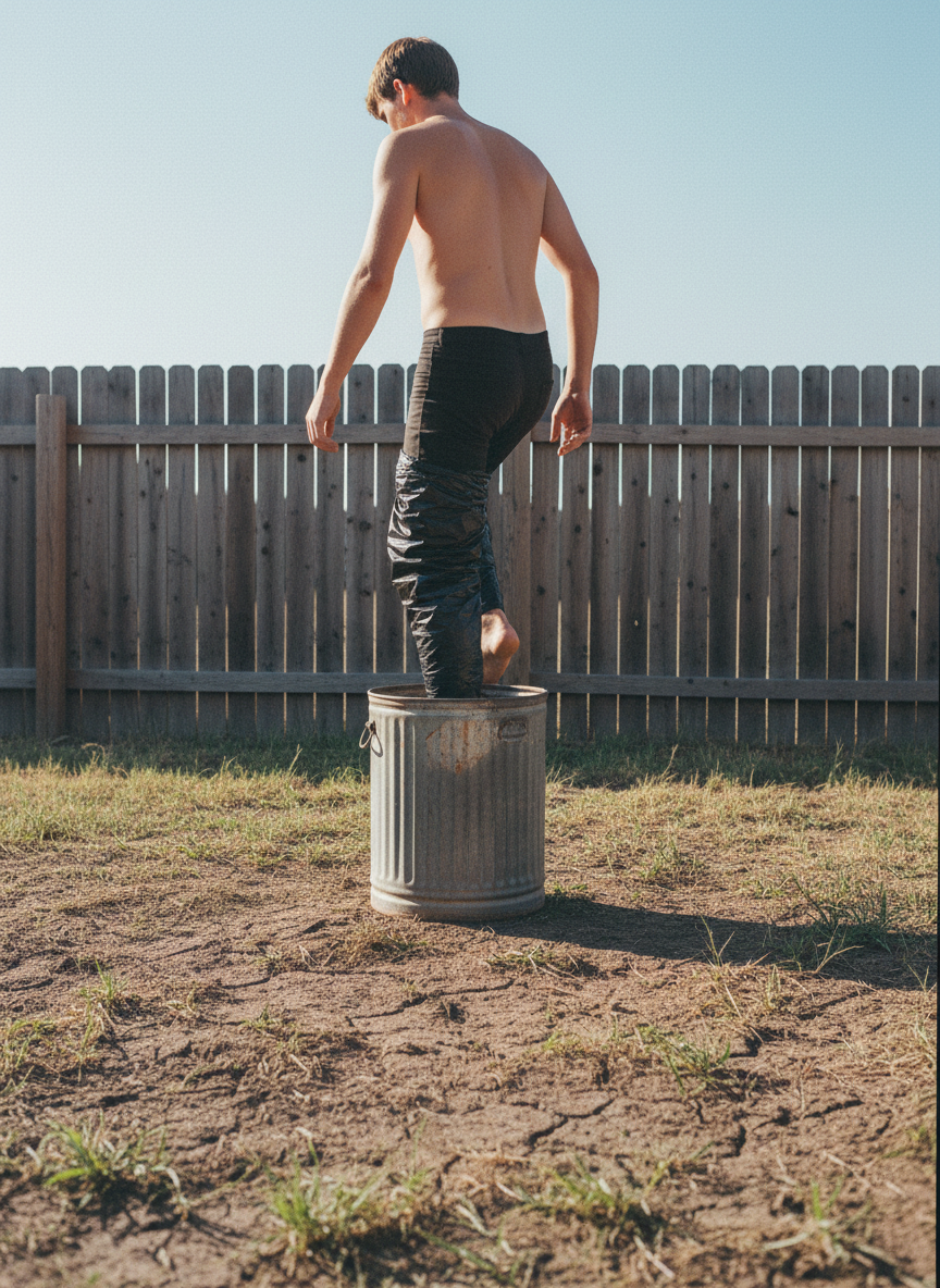 While the bin filled, I helped Luke balance on one foot and lower his burned leg, now wrapped in black plastic, into the garbage can.