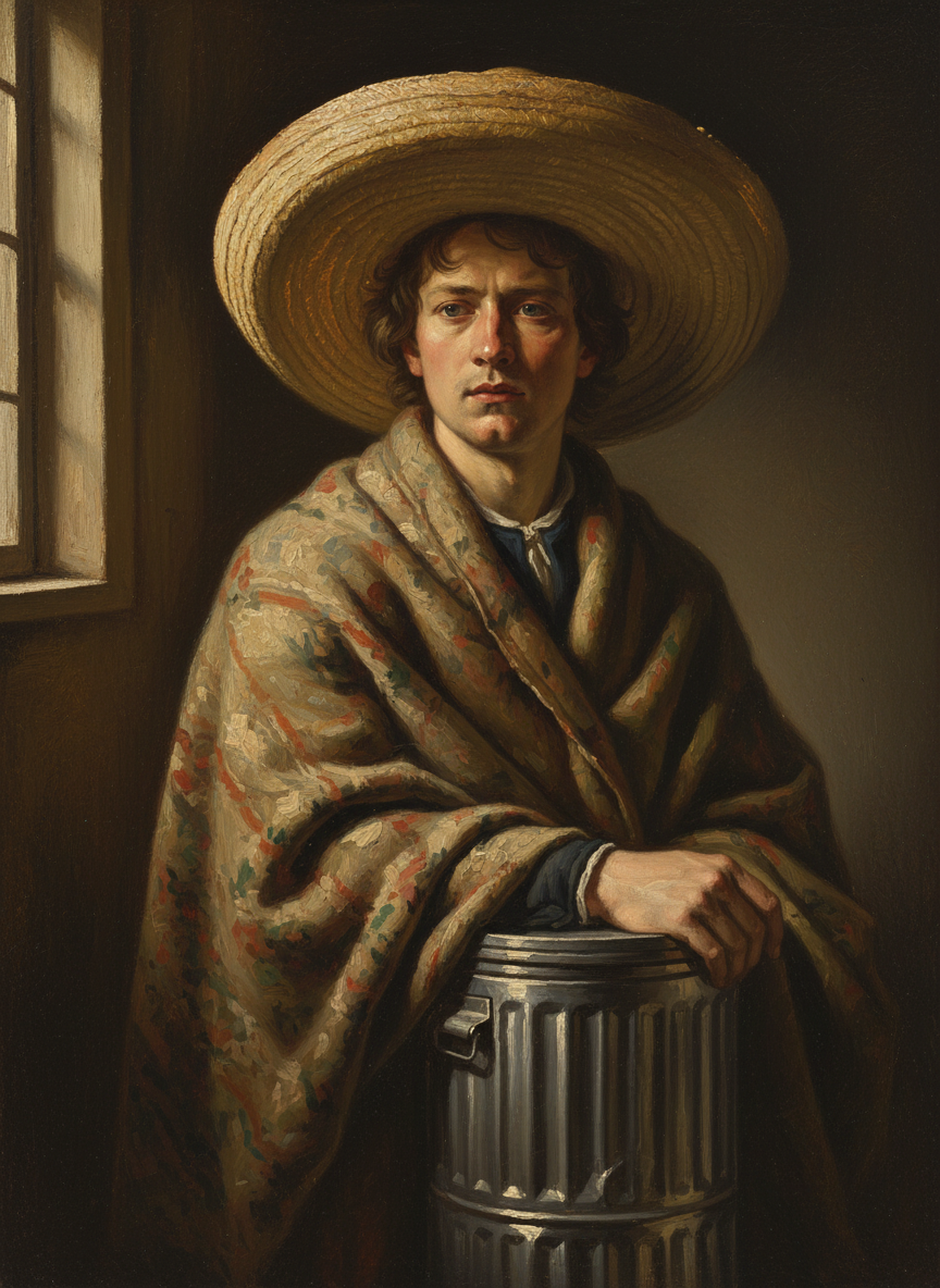 And there he stood, a sombrero on his head, a wool blanket around his shoulders, and his leg in a garbage can.