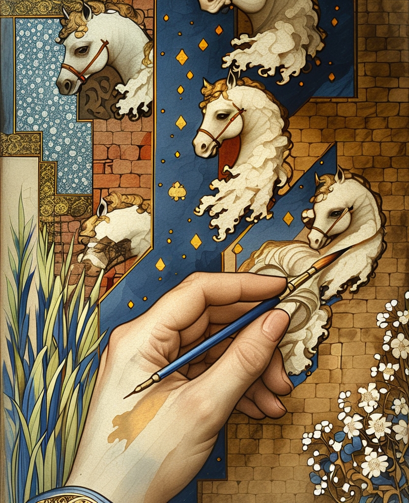 As a miniaturist, for 110 years, he patiently rendered every trivial detail: grass drawn to fill up the edges of the page, thousands of leaves, curly wisping clouds, horse manes of short repetitive strokes, brick walls, never-ending wall ornamentation and the slant-eyed, delicate-chinned tens of thousands of faces that were each an imitation of one another.