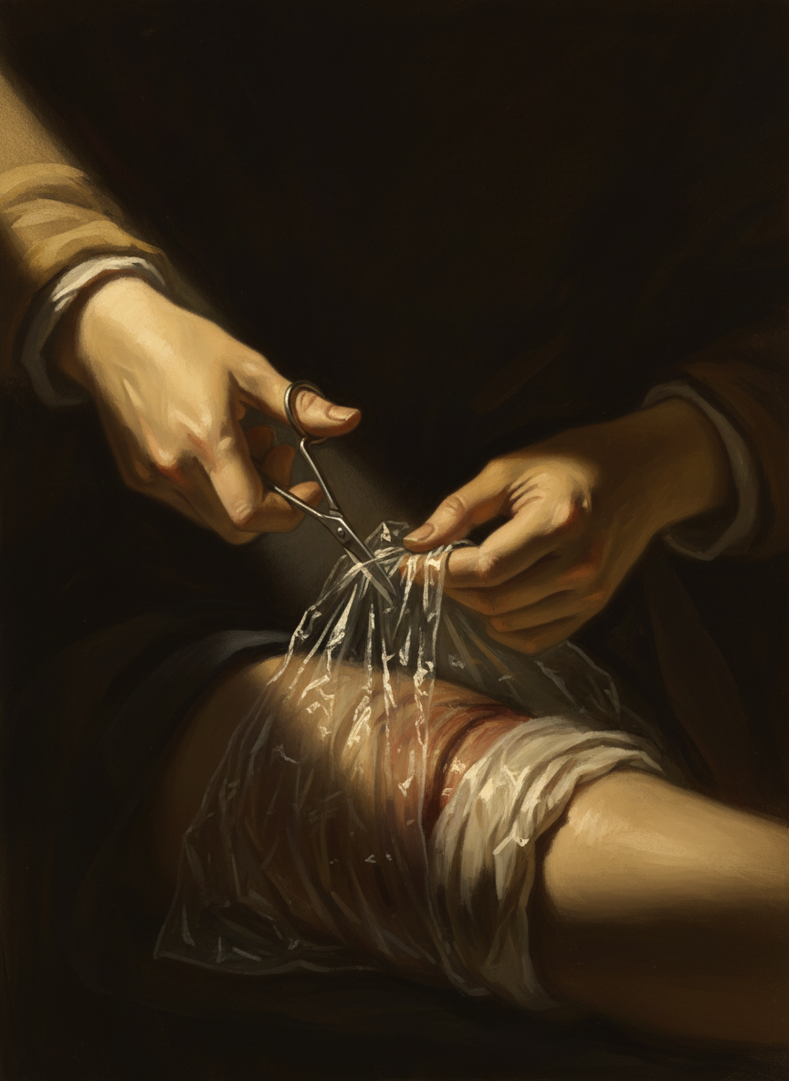 Mother didn’t want to tear the fragile tissue, so she cut the bag away slowly, carefully, until the leg was visible.