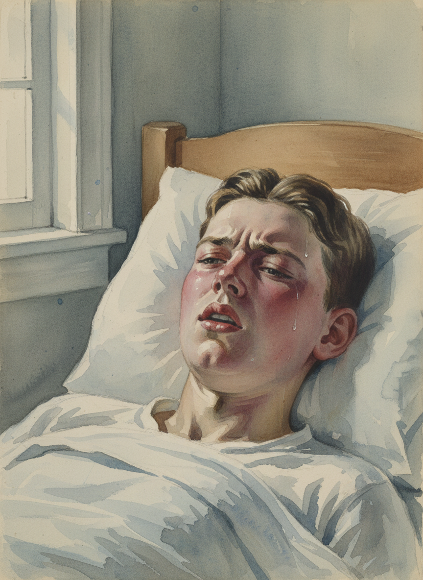 He lay propped up in his bed, beads of sweat falling from his forehead onto his chest, holding his breath until he turned red, then purple, as if depriving his brain of oxygen was the only way he could make it through the next minute.