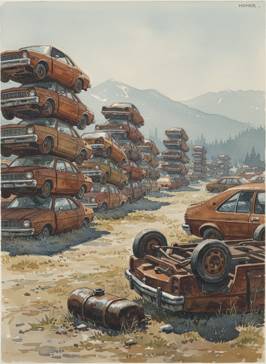 The cars are stacked and waiting, their fuel tanks ruptured and drained.