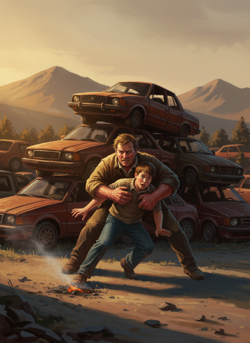 He takes a shortcut through a pyramid of cars and tackles Luke, slamming him to the ground.