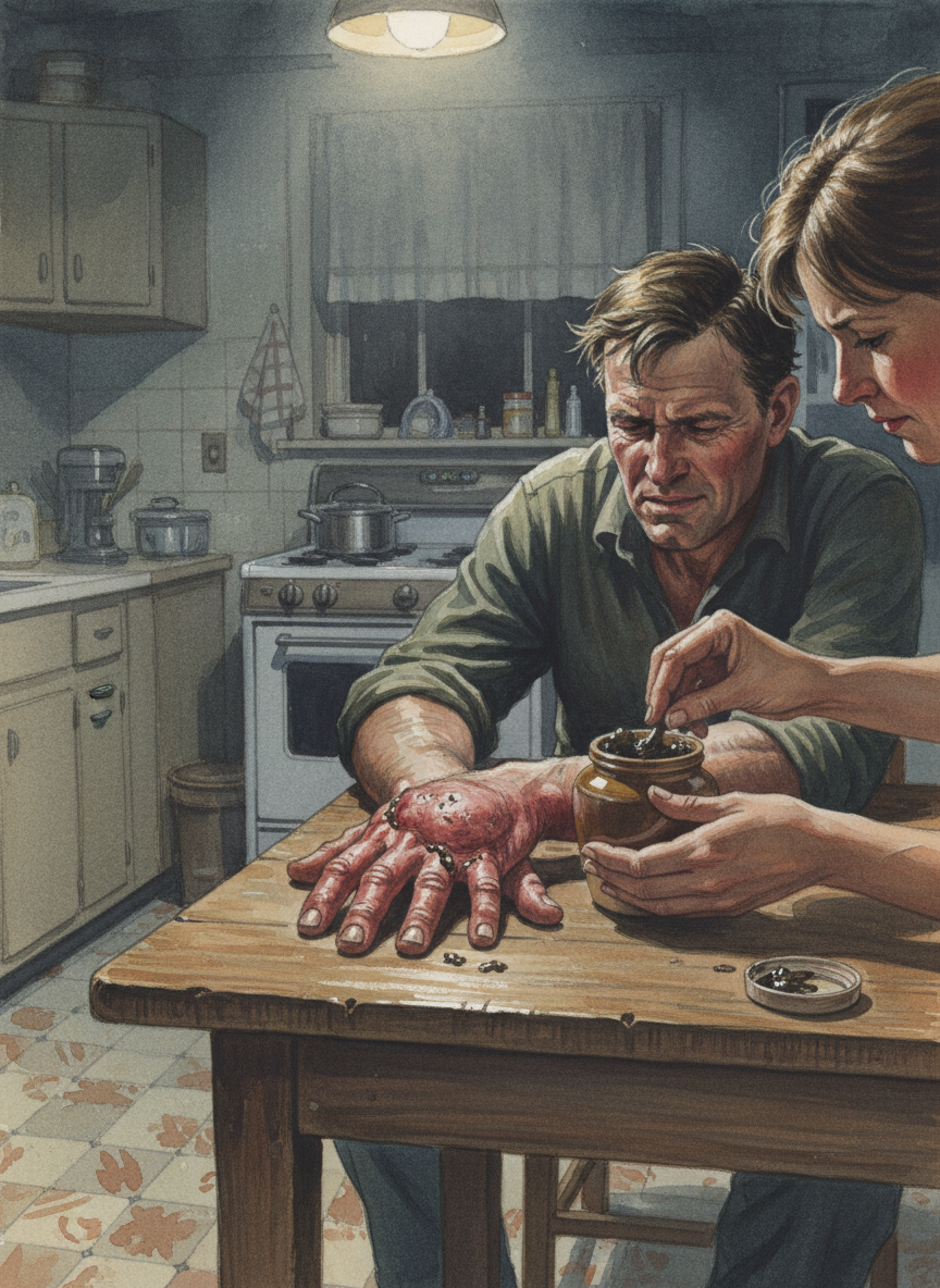 Then a memory surfaces—of Dad, that night in the kitchen, wincing as Mother slathers salve on his hands, which are red and blistering—and I know what he must have done.