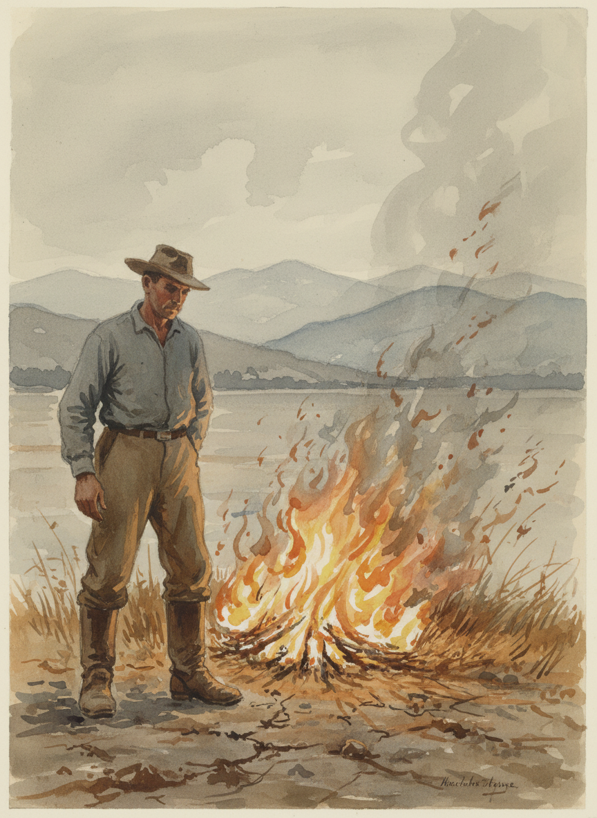 Dad looks at the weeds, which are burning fast, thirsty for flame in that quiver